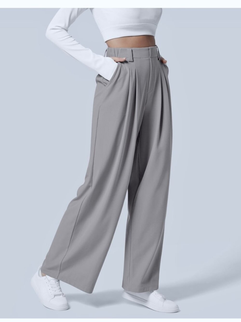 Halara Flex High Waisted Pocket Wide Leg Waffle Work Pants Light Grey M Reg